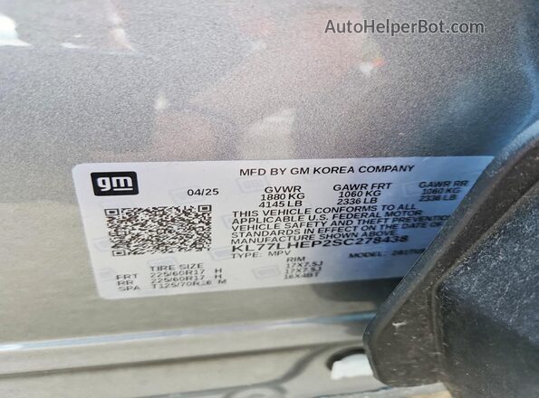 KL77LHEP2SC278438 2025 CHEVROLET TRAX Silver Vista de la etiqueta del VIN