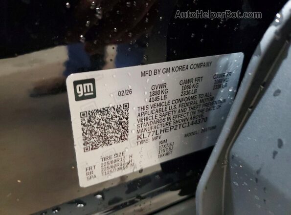 KL77LHEP2TC144370 2026 CHEVROLET TRAX Черный Вид наклейки с VIN-кодом