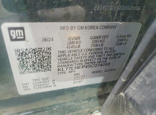 KL77LHEP4SC074093 2025 CHEVROLET TRAX Gray Vista de la etiqueta del VIN