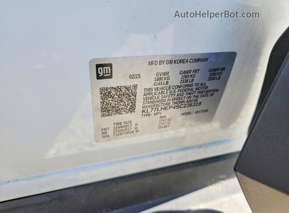 KL77LHEP4SC236319 2025 CHEVROLET TRAX White VIN კოდის სტიკერის ხედი