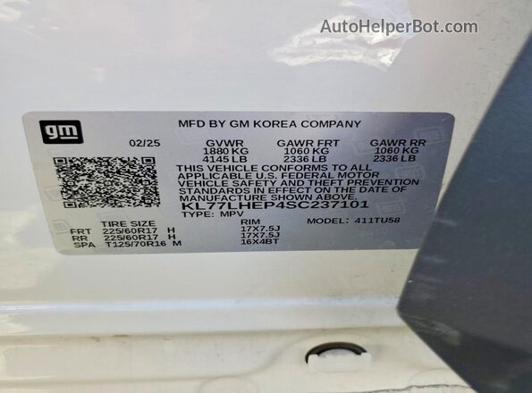 KL77LHEP4SC237101 2025 CHEVROLET TRAX White 360 interior view