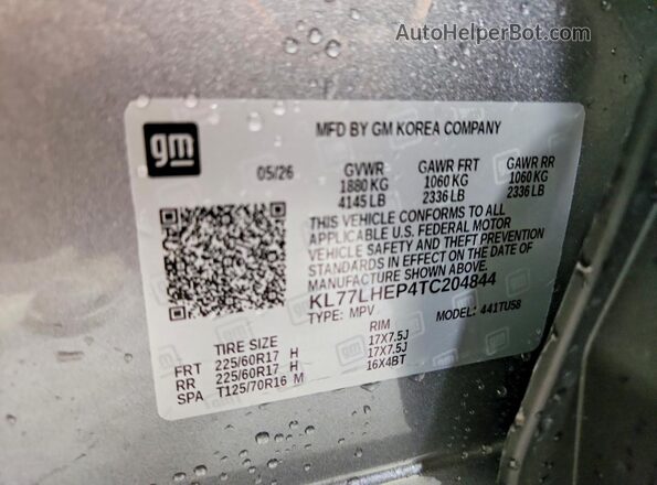KL77LHEP4TC204844 2026 CHEVROLET TRAX Серебряный Вид наклейки с VIN-кодом
