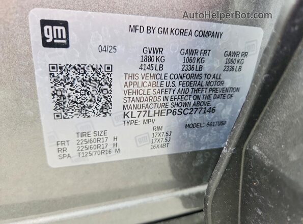 KL77LHEP6SC277146 2025 CHEVROLET TRAX Серый Вид наклейки с VIN-кодом