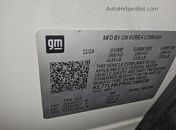 KL77LHEP9SC166526 2025 CHEVROLET TRAX White VIN sticker view