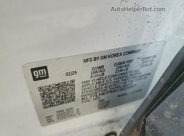 KL77LHEP9SC222867 2025 CHEVROLET TRAX Белый Вид наклейки с VIN-кодом