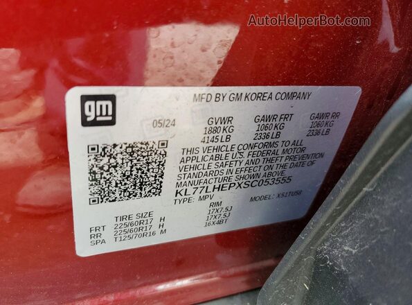 KL77LHEPXSC053555 2025 CHEVROLET TRAX Burgundy Vista de la etiqueta del VIN