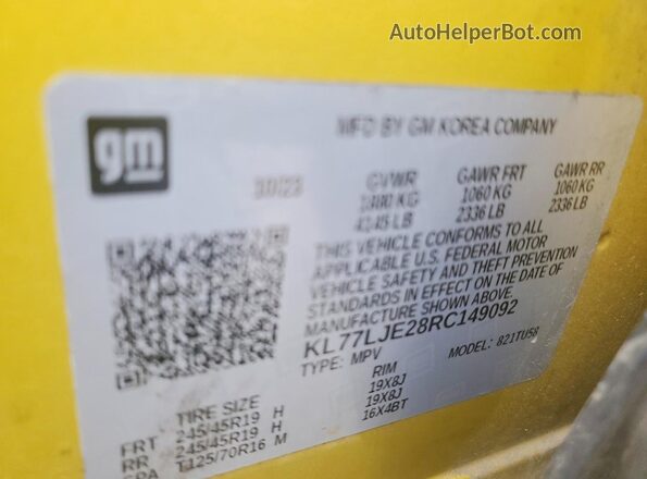 KL77LJE28RC149092 2024 CHEVROLET TRAX Gold VIN կոդի պիտակի տեսք