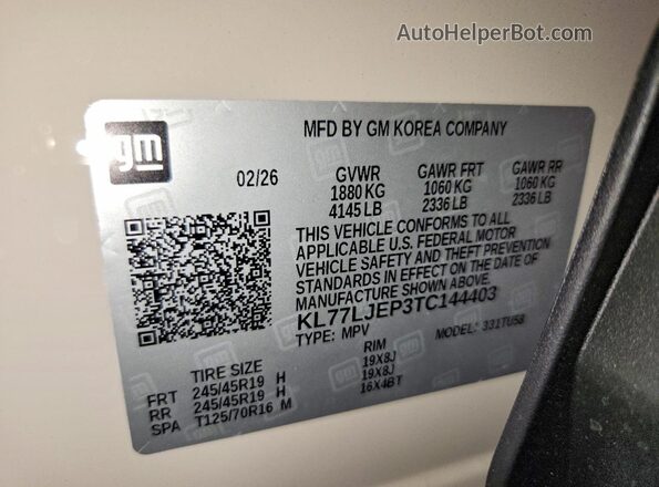 KL77LJEP3TC144403 2026 CHEVROLET TRAX Beige VIN կոդի պիտակի տեսք
