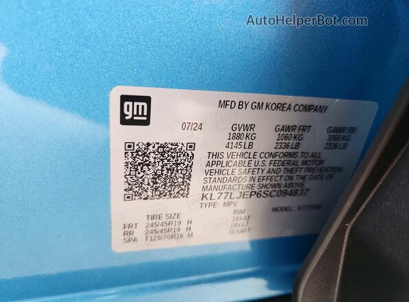 KL77LJEP6SC094837 2025 CHEVROLET TRAX Blue Vista de la etiqueta del VIN