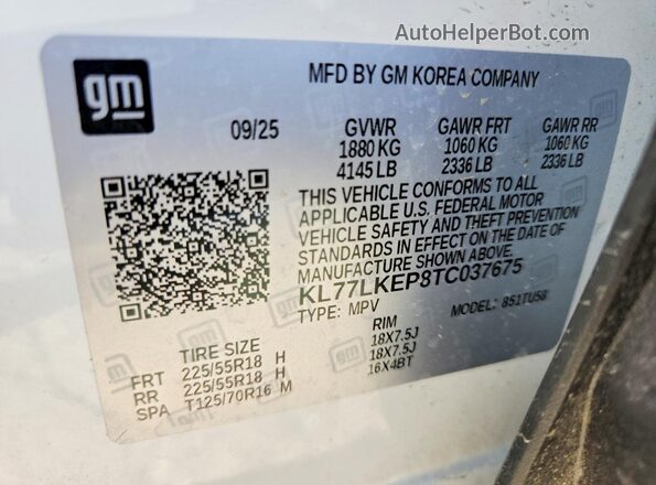 KL77LKEP8TC037675 2026 CHEVROLET TRAX White VIN կոդի պիտակի տեսք