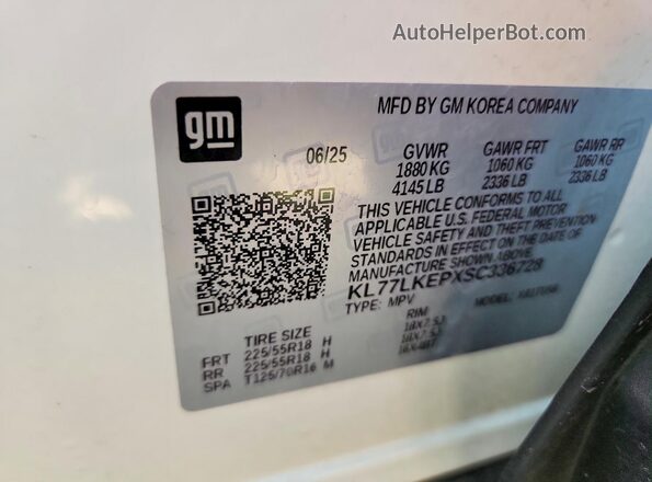 KL77LKEPXSC336728 2025 CHEVROLET TRAX White VIN կոդի պիտակի տեսք