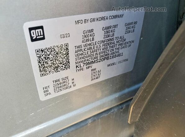 KL79MMS20PB168461 2023 CHEVROLET TRAILBLAZER Silver VIN sticker view