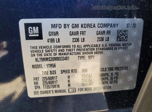 KL79MMS26MB033481 2021 CHEVROLET TRAILBLAZER Blue VIN sticker view