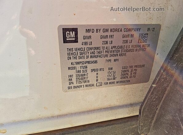 KL79MPS24PB034585 2023 CHEVROLET TRAILBLAZER White VIN sticker view