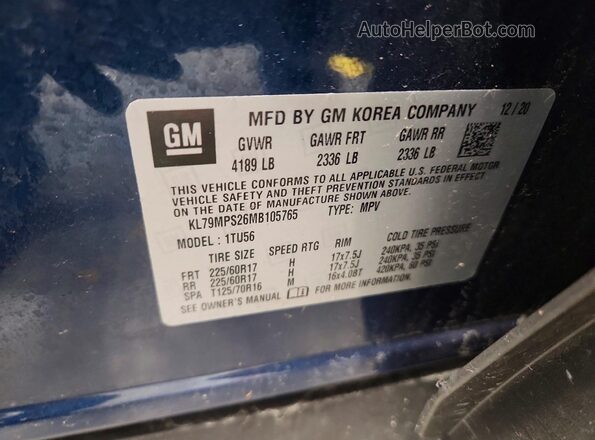 KL79MPS26MB105765 2021 CHEVROLET TRAILBLAZER Blue Widok naklejki z numerem VIN