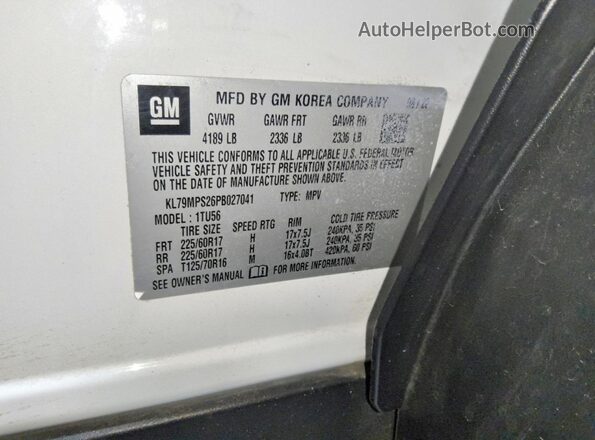 KL79MPS26PB027041 2023 CHEVROLET TRAILBLAZER White VIN կոդի պիտակի տեսք