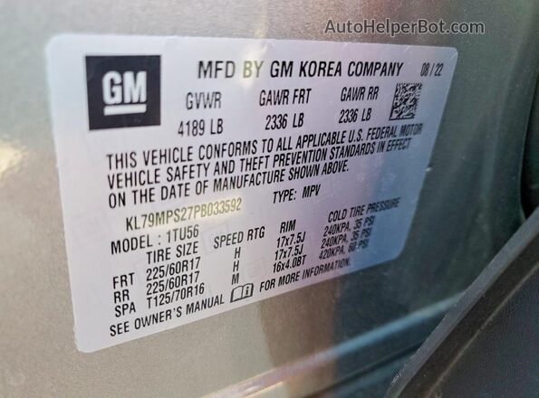 KL79MPS27PB033592 2023 CHEVROLET TRAILBLAZER Silver Vista de la etiqueta del VIN