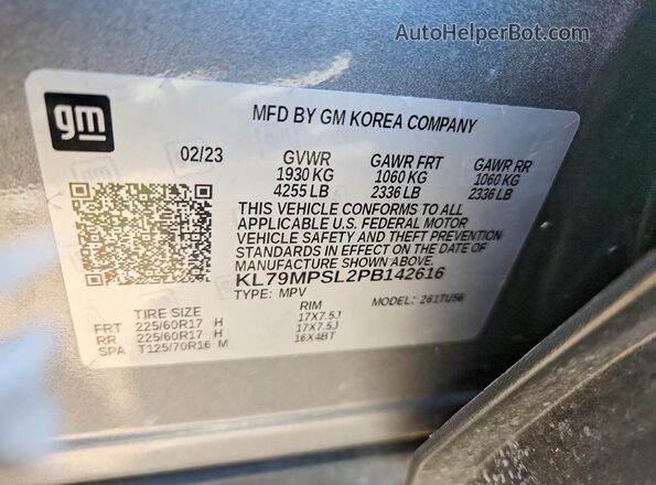 KL79MPSL2PB142616 2023 CHEVROLET TRAILBLAZER Silver VIN sticker view