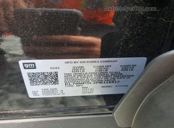 KL79MPSL3PB116817 2023 CHEVROLET TRAILBLAZER Black VIN sticker view