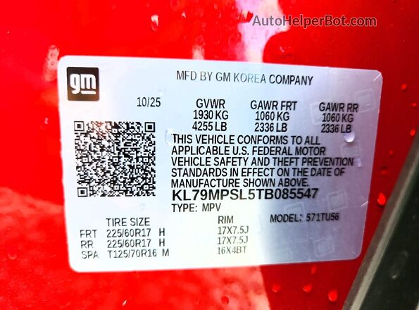 KL79MPSL5TB085547 2026 CHEVROLET TRAILBLAZER Красный Вид наклейки с VIN-кодом
