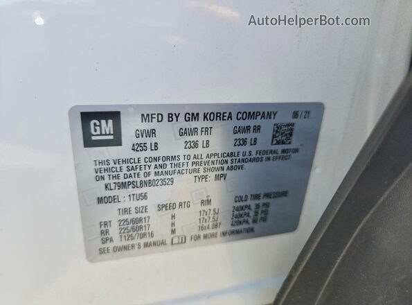 KL79MPSL8NB023529 2022 CHEVROLET TRAILBLAZER White Widok naklejki z numerem VIN