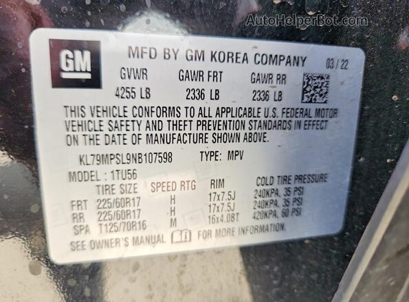 KL79MPSL9NB107598 2022 CHEVROLET TRAILBLAZER Black VIN կոդի պիտակի տեսք