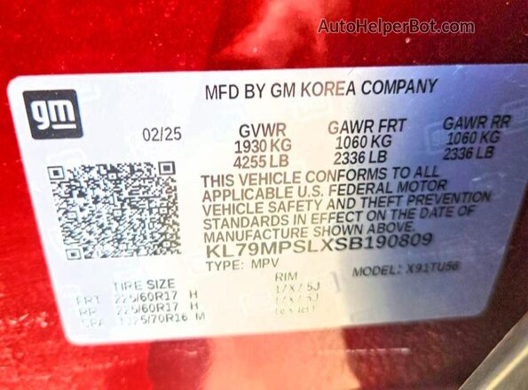 KL79MPSLXSB190809 2025 CHEVROLET TRAILBLAZER Burgundy VIN sticker view
