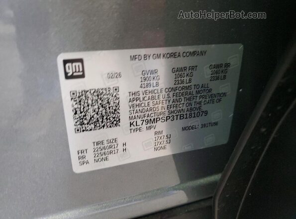KL79MPSP3TB181079 2026 CHEVROLET TRAILBLAZER Gray Vista de la etiqueta del VIN