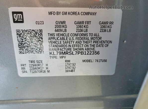 KL79MRSL7PB122356 2023 CHEVROLET TRAILBLAZER Серый Вид наклейки с VIN-кодом