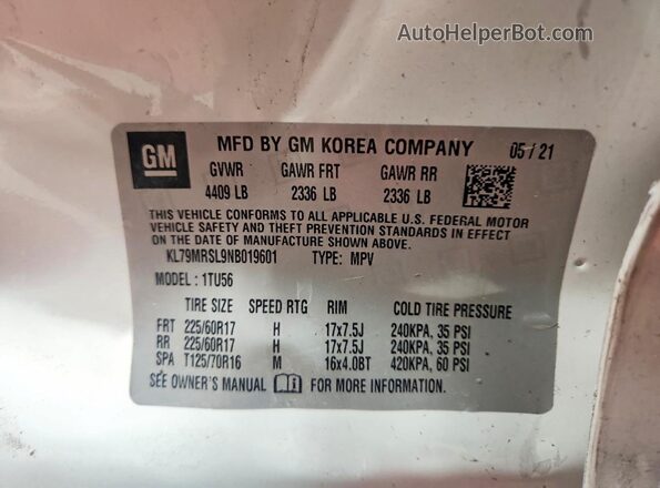 KL79MRSL9NB019601 2022 CHEVROLET TRAILBLAZER Белый Вид наклейки с VIN-кодом