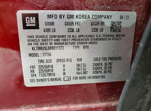 KL79MUSL0NB011373 2022 CHEVROLET TRAILBLAZER Burgundy VIN կոդի պիտակի տեսք