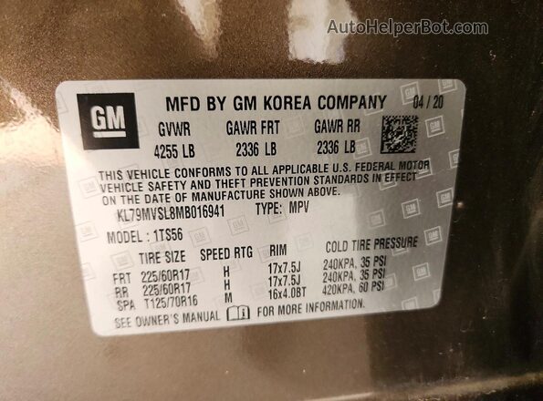 KL79MVSL8MB016941 2021 CHEVROLET TRAILBLAZER Brown VIN კოდის სტიკერის ხედი