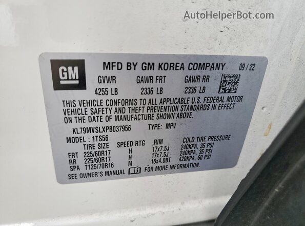 KL79MVSLXPB037956 2023 CHEVROLET TRAILBLAZER White Vista de la etiqueta del VIN