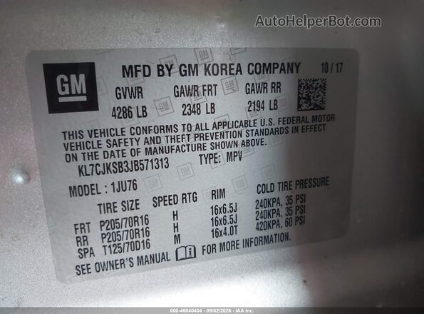 KL7CJKSB3JB571313 2018 CHEVROLET TRAX Серый Вид подкапотного пространства
