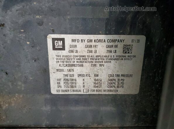 KL7CJKSB8MB315446 2021 CHEVROLET TRAX Gray Widok komory silnika