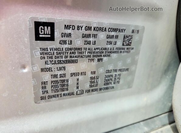 KL7CJLSB2KB960693 2019 CHEVROLET TRAX Silver Панорамний вид салону 360°