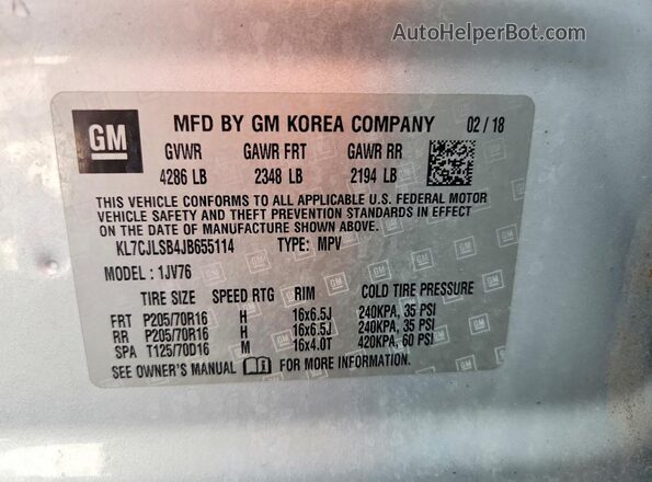 KL7CJLSB4JB655114 2018 CHEVROLET TRAX Silver 360 interior view
