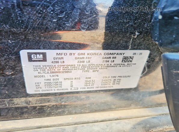 KL7CJLSB8MB329854 2021 CHEVROLET TRAX Black VIN კოდის სტიკერის ხედი