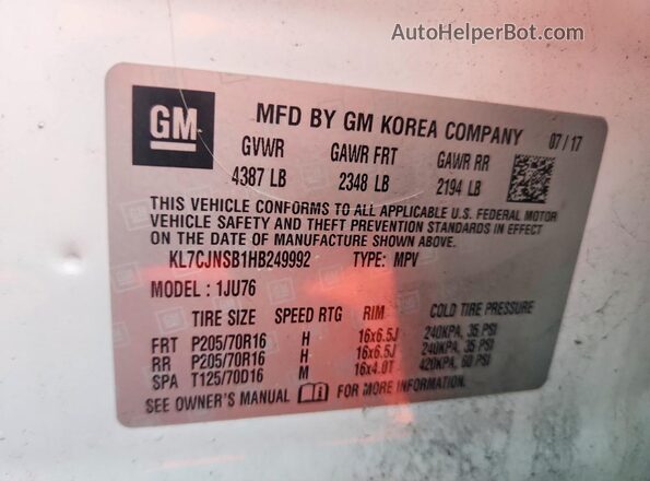 KL7CJNSB1HB249992 2017 CHEVROLET TRAX White Engine compartment view