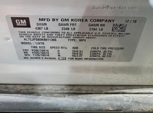 KL7CJPSB0KB811366 2019 CHEVROLET TRAX Silver Engine compartment view