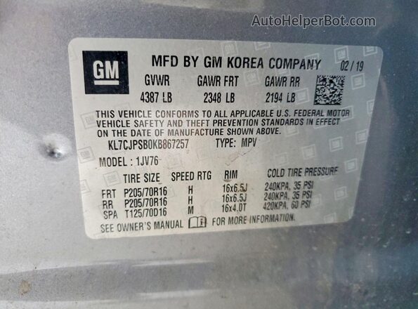 KL7CJPSB0KB867257 2019 CHEVROLET TRAX Gray VIN sticker view