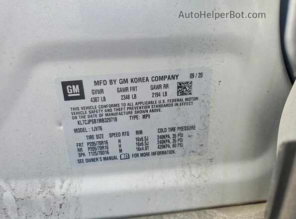 KL7CJPSB1MB329718 2021 CHEVROLET TRAX Silver VIN კოდის სტიკერის ხედი