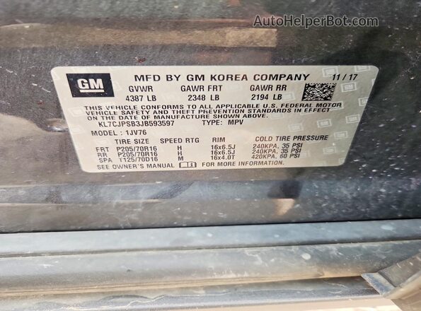 KL7CJPSB3JB593597 2018 CHEVROLET TRAX Gray Вид наклейки з VIN-кодом