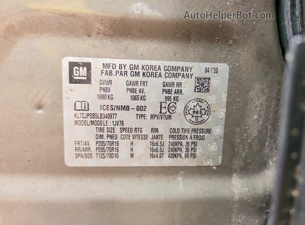KL7CJPSB5LB340977 2020 CHEVROLET TRAX Brown Vista de la etiqueta del VIN