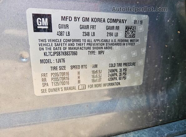 KL7CJPSB7KB837060 2019 CHEVROLET TRAX Gray Вид підкапотного простору