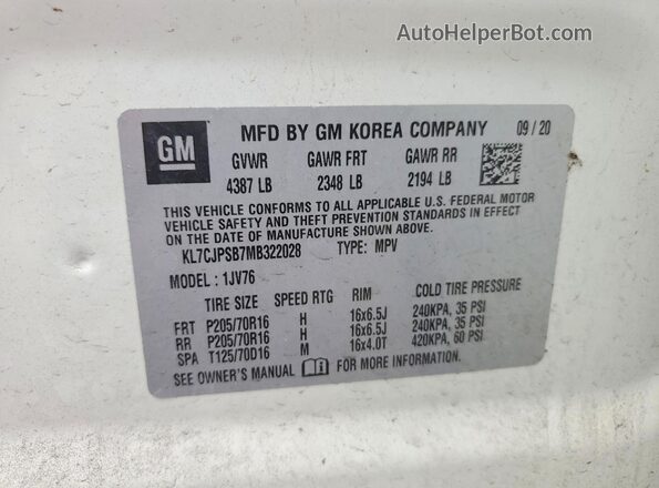 KL7CJPSB7MB322028 2021 CHEVROLET TRAX White Вид наклейки з VIN-кодом