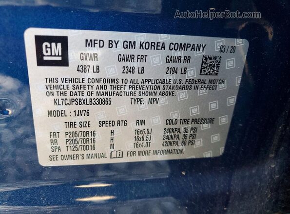 KL7CJPSBXLB330865 2020 CHEVROLET TRAX Синий Вид наклейки с VIN-кодом