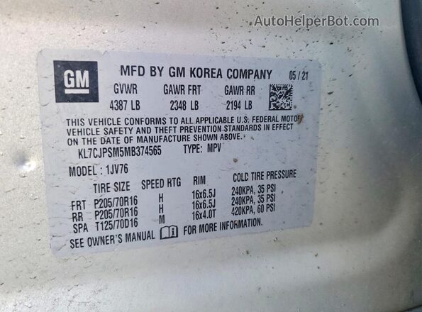 KL7CJPSM5MB374565 2021 CHEVROLET TRAX Silver Vista de la etiqueta del VIN