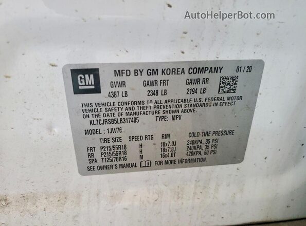 KL7CJRSB5LB317405 2020 CHEVROLET TRAX Белый Вид наклейки с VIN-кодом