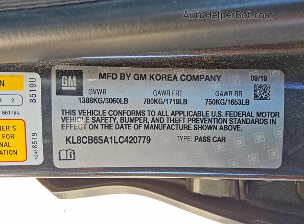 KL8CB6SA1LC420779 2020 CHEVROLET SPARK Gray VIN კოდის სტიკერის ხედი